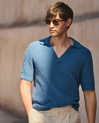 Short-Sleeve Linen-Blend Polo with Johnny Collar