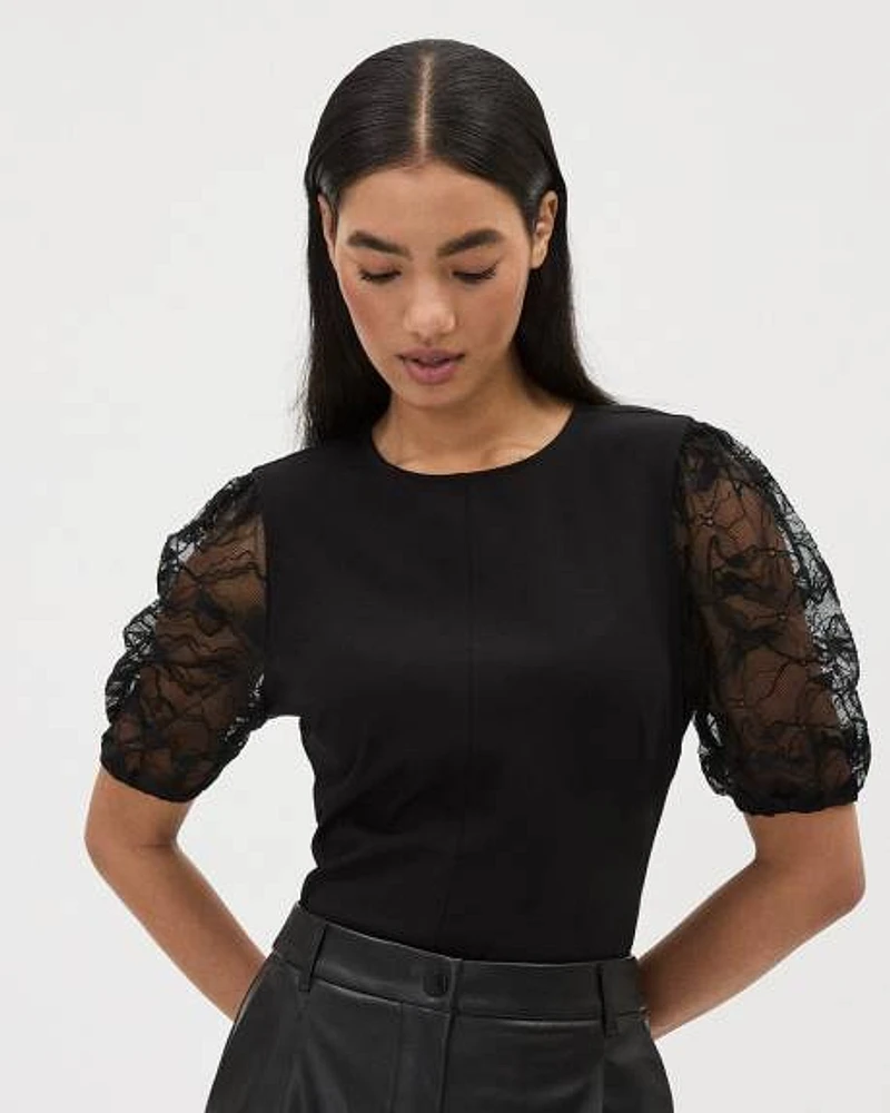 Crew-Neck Top with Lace Short Puffy Sleeves