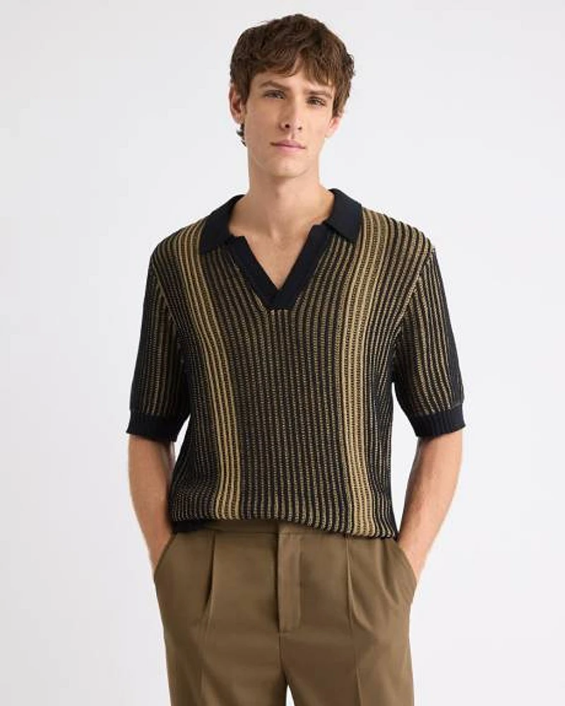 Textured Short-Sleeve Johnny Sweater with Vertical Stripes