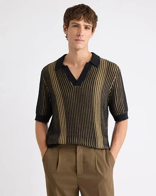 Textured Short-Sleeve Johnny Sweater with Vertical Stripes
