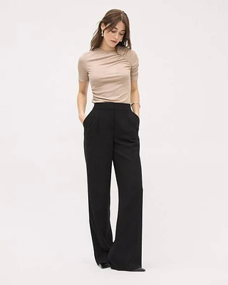 Pantalon en Crêpe Noir à Jambe Large et Taille Haute