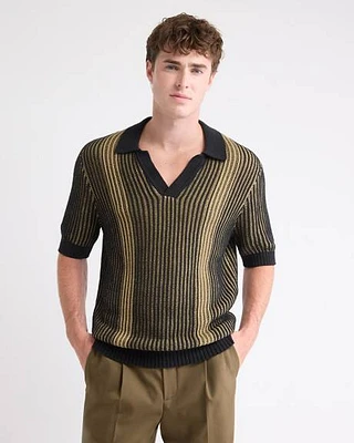 Textured Short-Sleeve Johnny Sweater with Vertical Stripes