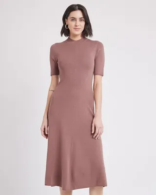 Elbow-Sleeve Mock-Neck Fit and Flare Dress