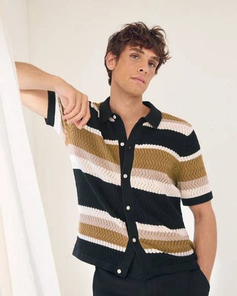 Striped Short-Sleeve Textured-Knit Sweater