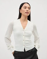 Textured-Knit Long-Puffy-Sleeve Cardigan