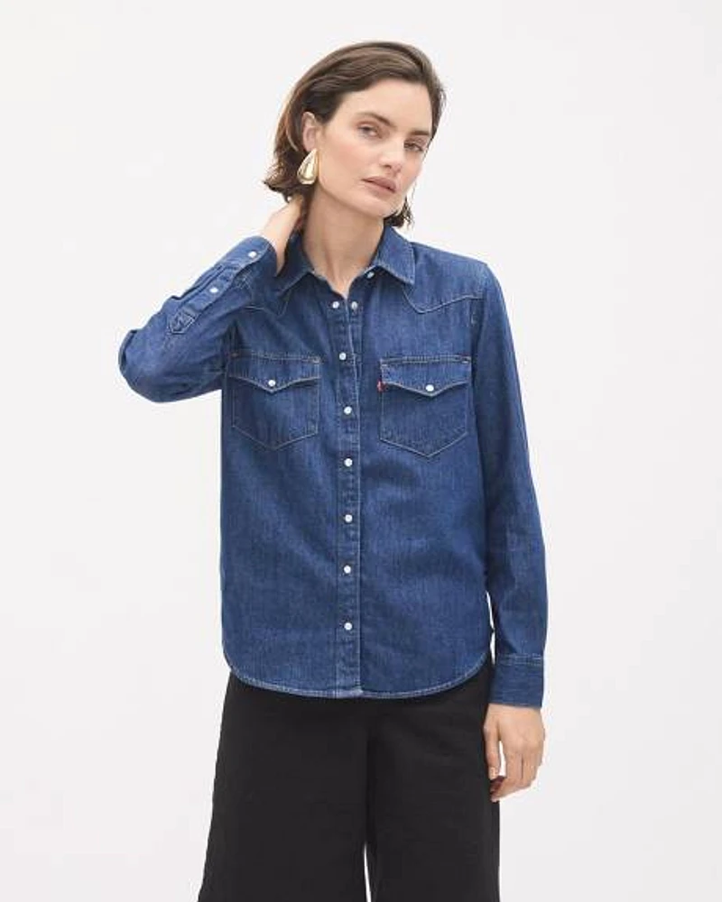 Long-Sleeve Buttoned-Down Denim Blouse