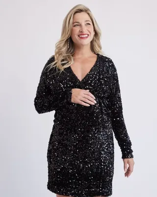 RW&CO. - Black V-Neck Sequins Dress with Long Sleeves Thyme Maternity