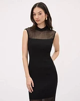 Cap-Sleeve Mock-Neck Midi Dress with Sheer Yoke