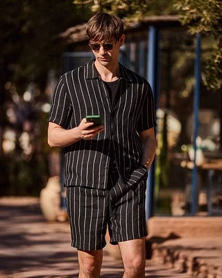 Short-Sleeve Striped Linen Shirt with Regular Collar