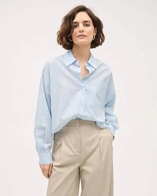 Cropped Long-Sleeve Buttoned-Down Striped Poplin Blouse