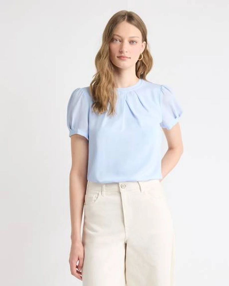 Short-Sleeve Crew-Neck Mix-Media Blouse