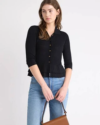 Polo Cardigan with Frilled Hem