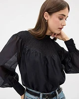 Long-Sleeve Mock-Neck Blouse with Textured Yoke