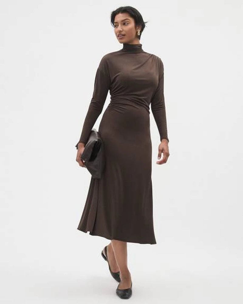 Long-Sleeve Fit and Flare Midi Dress with Funnel Neckline