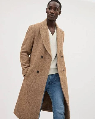 Long Classic Herringbone Wool Coat with Tailored Collar