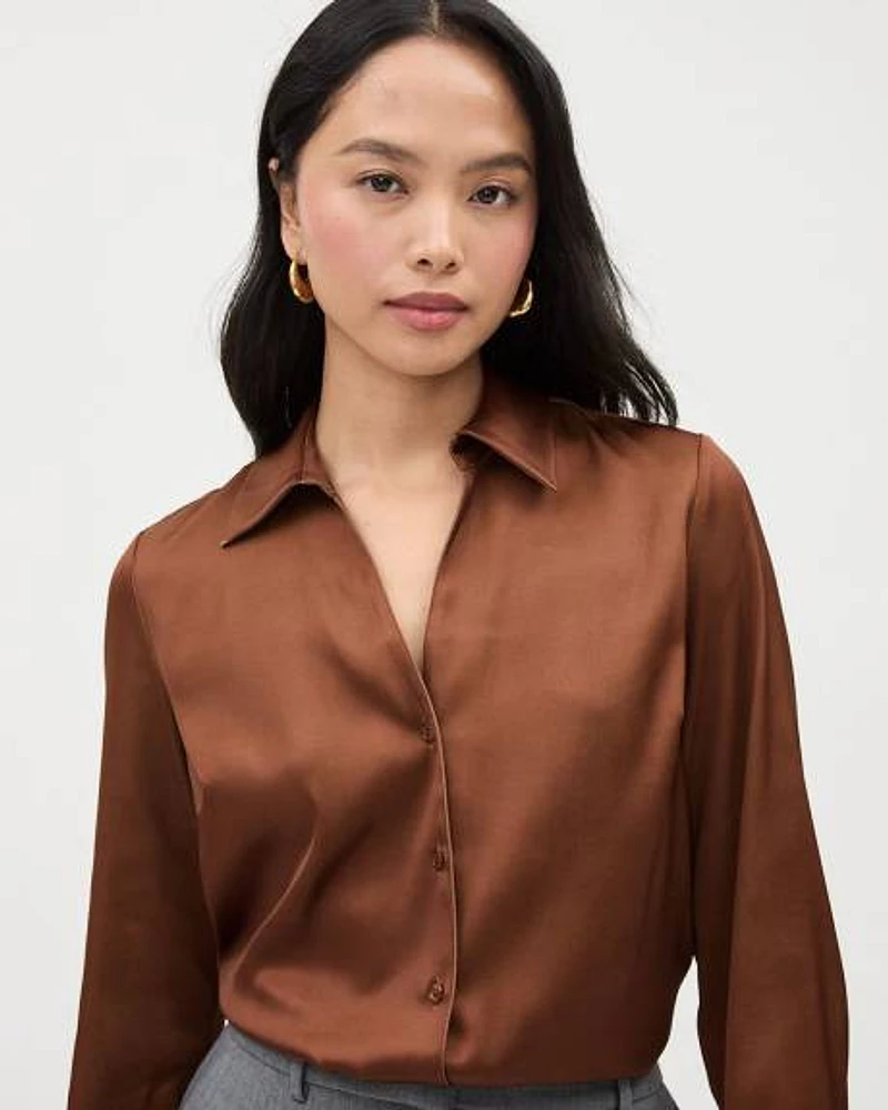 Satin Long-Sleeve Buttoned-Down Blouse