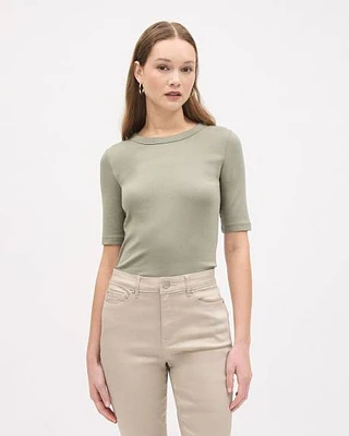 Elbow-Sleeve Crew-Neck Fitted Ribbed Tee