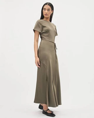 Satin Short-Sleeve Fitted Midi Dress