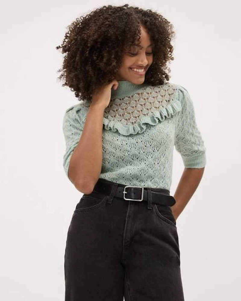 Elbow-Sleeve Mock-Neck Pullover with Frilled Yoke