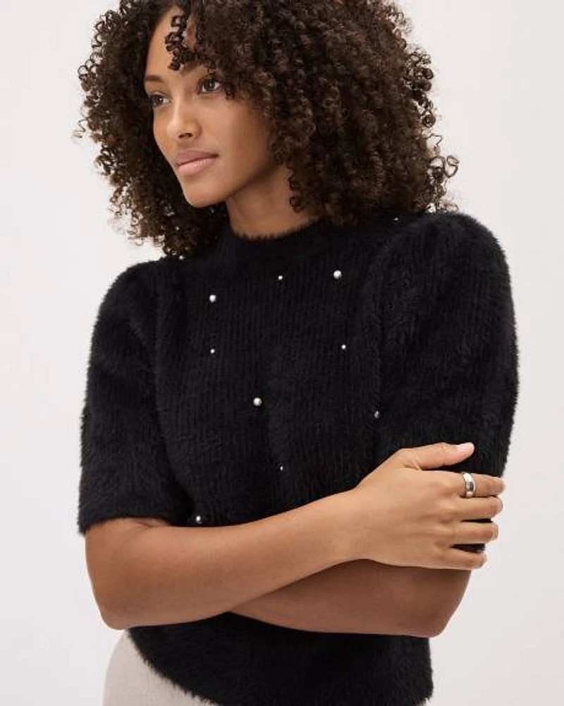 Elbow-Sleeve Mock-Neck Feather-Yarn Pullover with Pearls