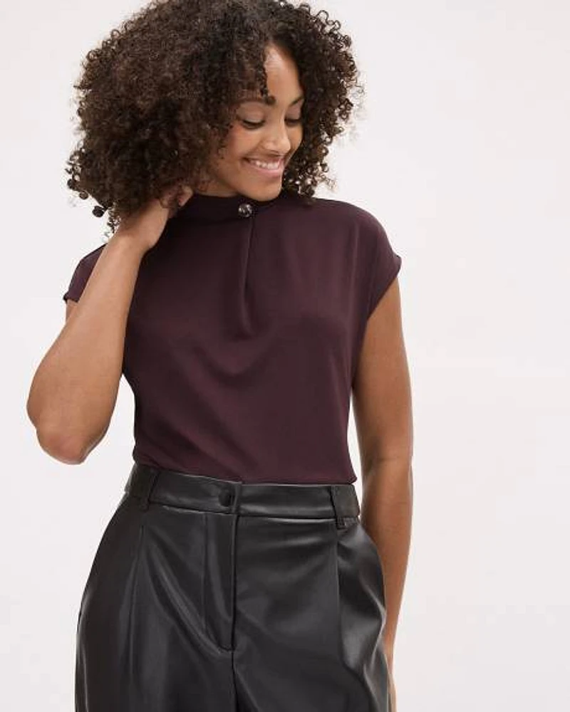 Extended-Sleeve Mock-Neck Top with Button at Neckline