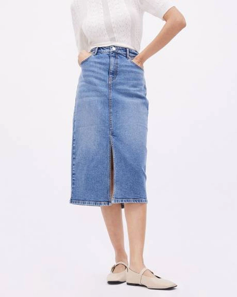 Denim High-Rise Straight Midi Skirt