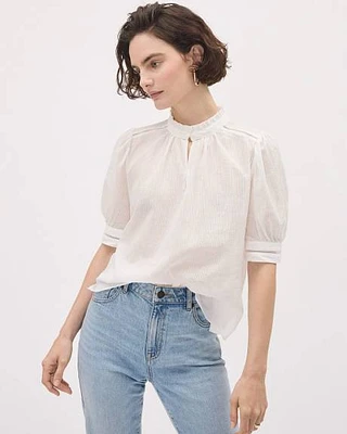 Short-Puffy-Sleeve Popover Gauze Blouse