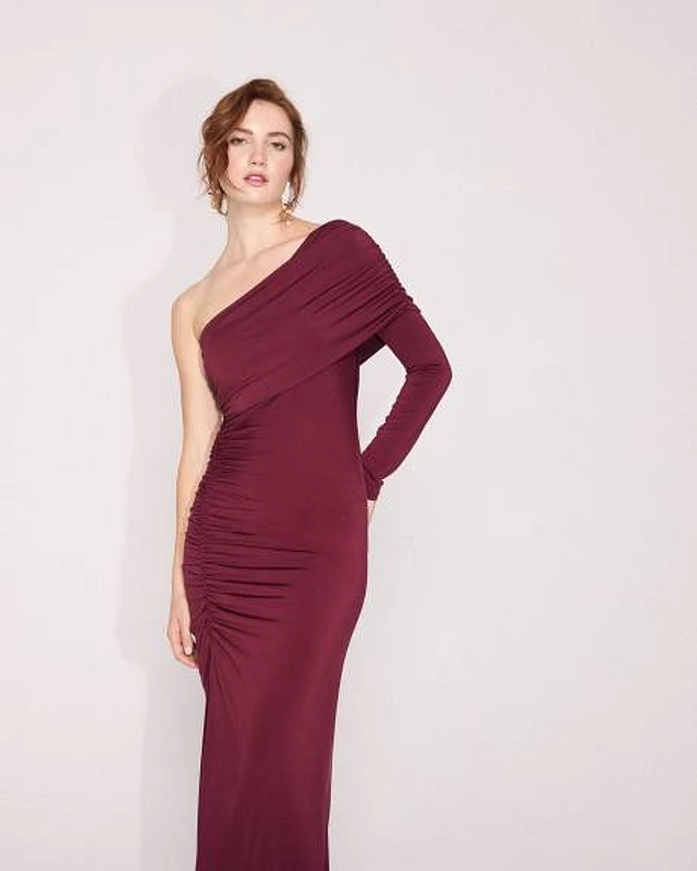 One-Sleeve Maxi Dress with Draped Neckline