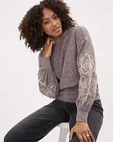 Long-Sleeve Crew-Neck Top with Flowers