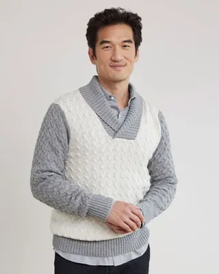 RW&CO. - Shawl-Collar Sweater with Cable Stitches Snow Peak