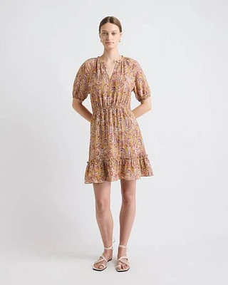 Robe Mini à Manches Courtes Bouffantes et Col Fendu