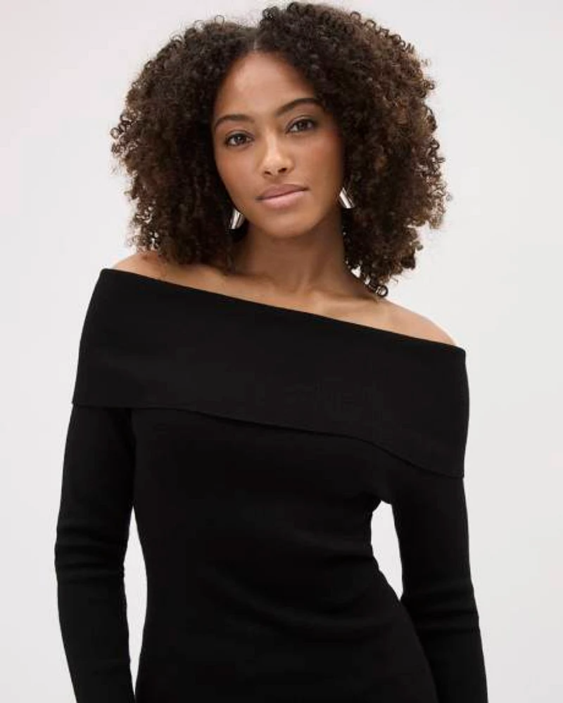 Long-Sleeve Off-the-Shoulder Fitted Sweater