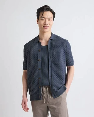 Short-Sleeve Buttoned-Down Textured Sweater with Shirt Collar