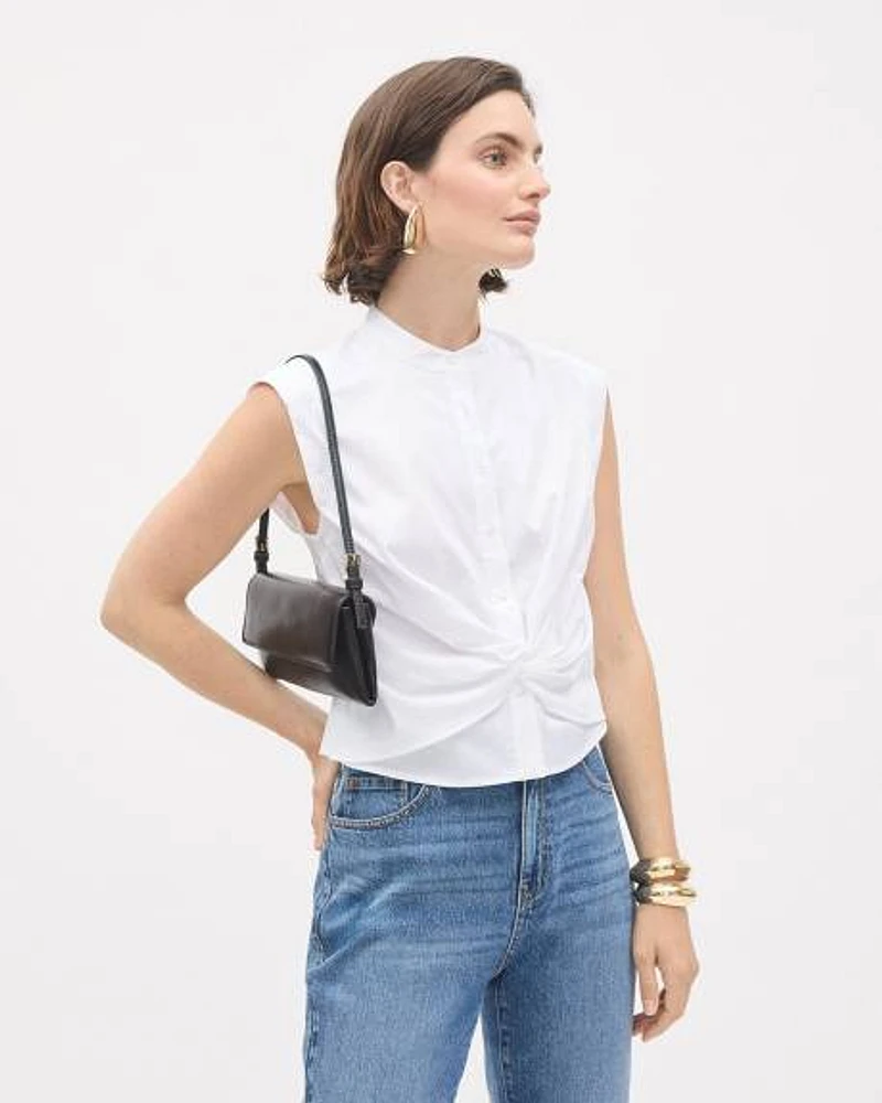 Sleeveless Buttoned-Down White Poplin Blouse with Twisted Detail