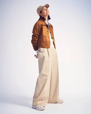 Pantalon en Sergé à Taille Haute et Jambe Large