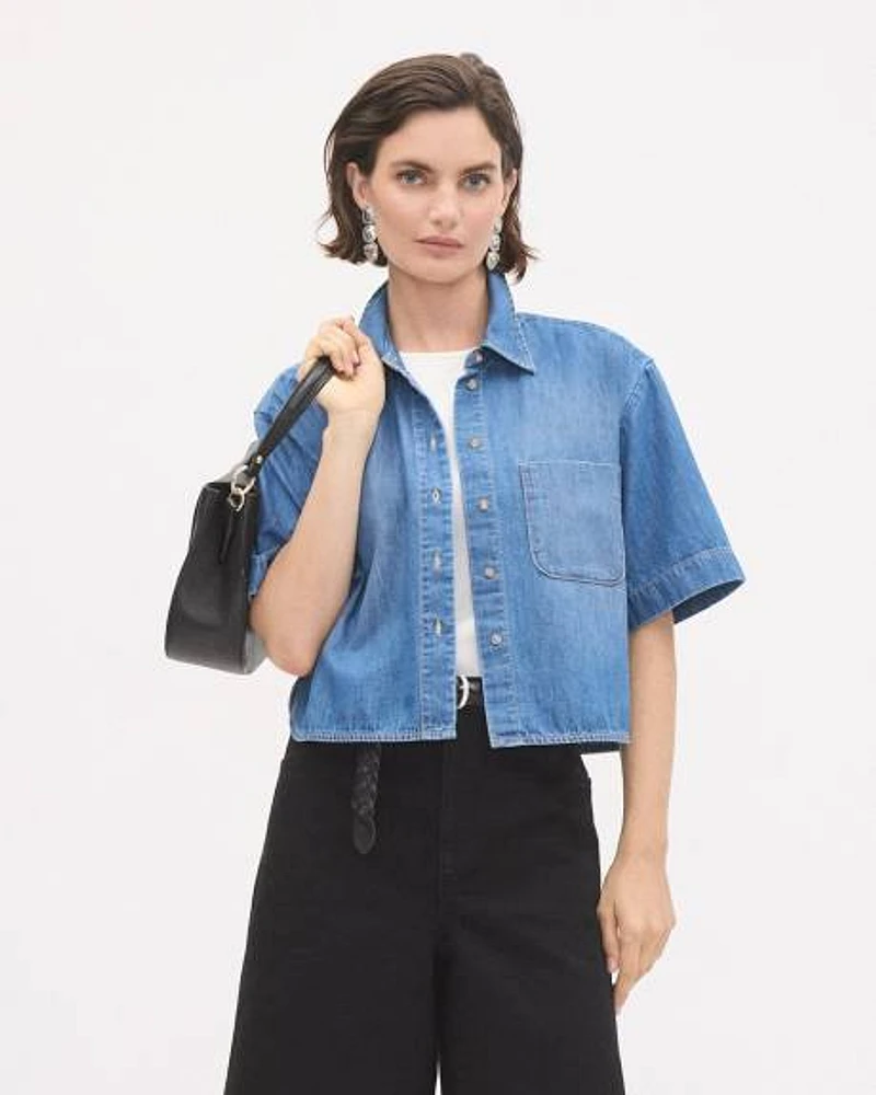 Short-Sleeve Buttoned-Down Denim Blouse