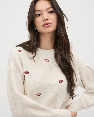 Long-Sleeve Crew-Neck Pullover with Heart Embroideries