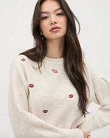 Long-Sleeve Crew-Neck Pullover with Heart Embroideries