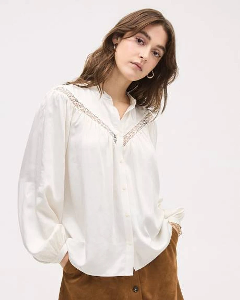 Long-Puffy-Sleeve Buttoned-Down Blouse with Eyelet Pattern