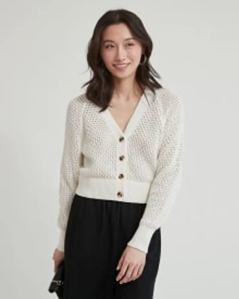 RW&CO 3/4-Sleeve Pointelle Sweater with Cut-Out at Back