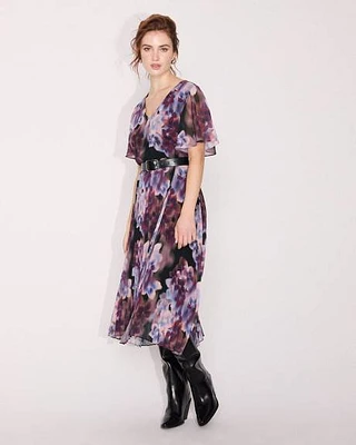 Robe Midi Plissée à Manches Courtes et Col V