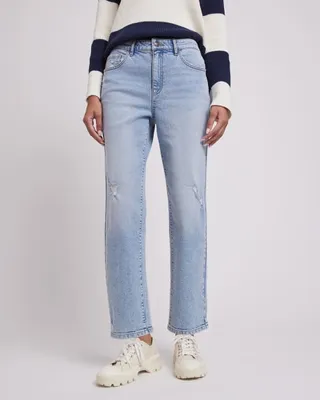 Jeans à Délavé Pâle Taille Haute et Jambe Droite Cheville