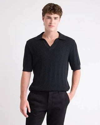 Black Short-Sleeve Johnny Sweater with Vertical Stitches