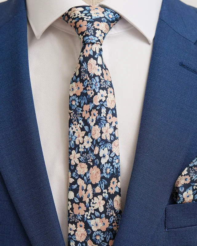 RW&CO Regular Navy Tie with Brown Flowers