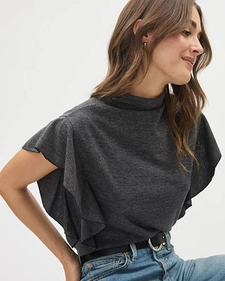 Extended-Sleeve Mock-Neck Top with Ruffles