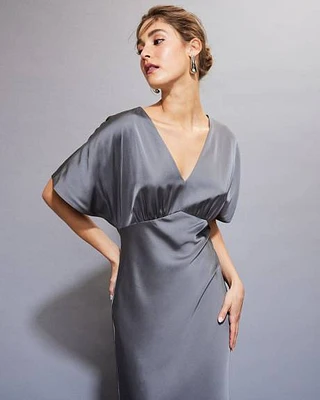 Short-Sleeve Satin Maxi Cocktail Dress