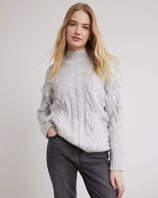 RW&CO. - Long-Sleeve Mock-Neck Sweater with Cable Stitches Light Grey Mix