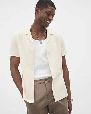 Chemise Blanche en Tricot à Coupe Étroite Manches Courtes et Col Camp