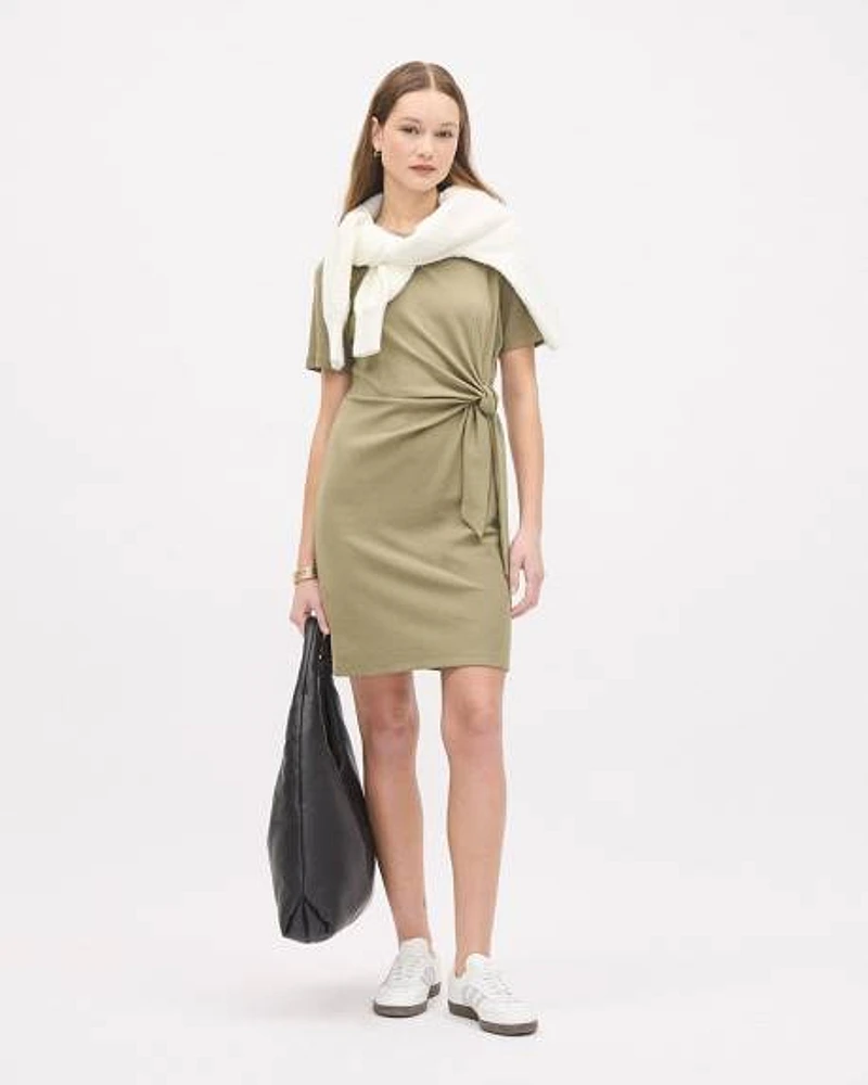 Short-Sleeve Crew-Neck Dress with Knot at Waist