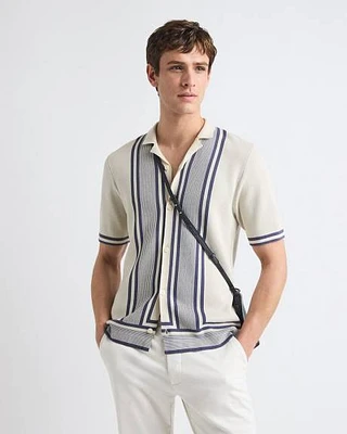 Short-Sleeve Buttoned-Down Sweater Shirt with Camp Collar